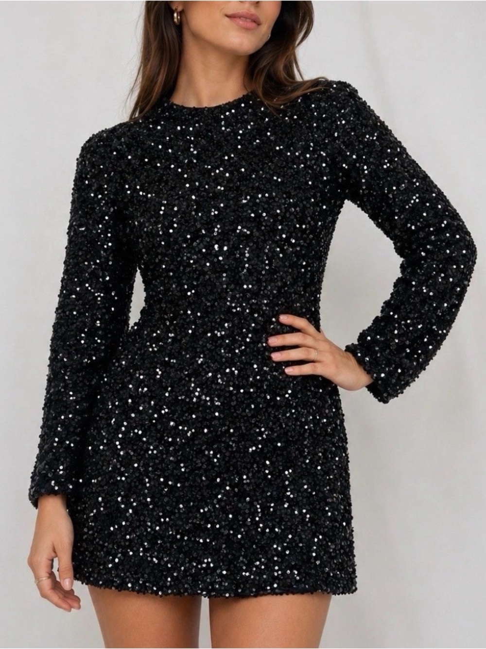Black Sequin Mini Dress Medium 3/4 Sleeve Party Cocktail Holiday Glam Preppy
